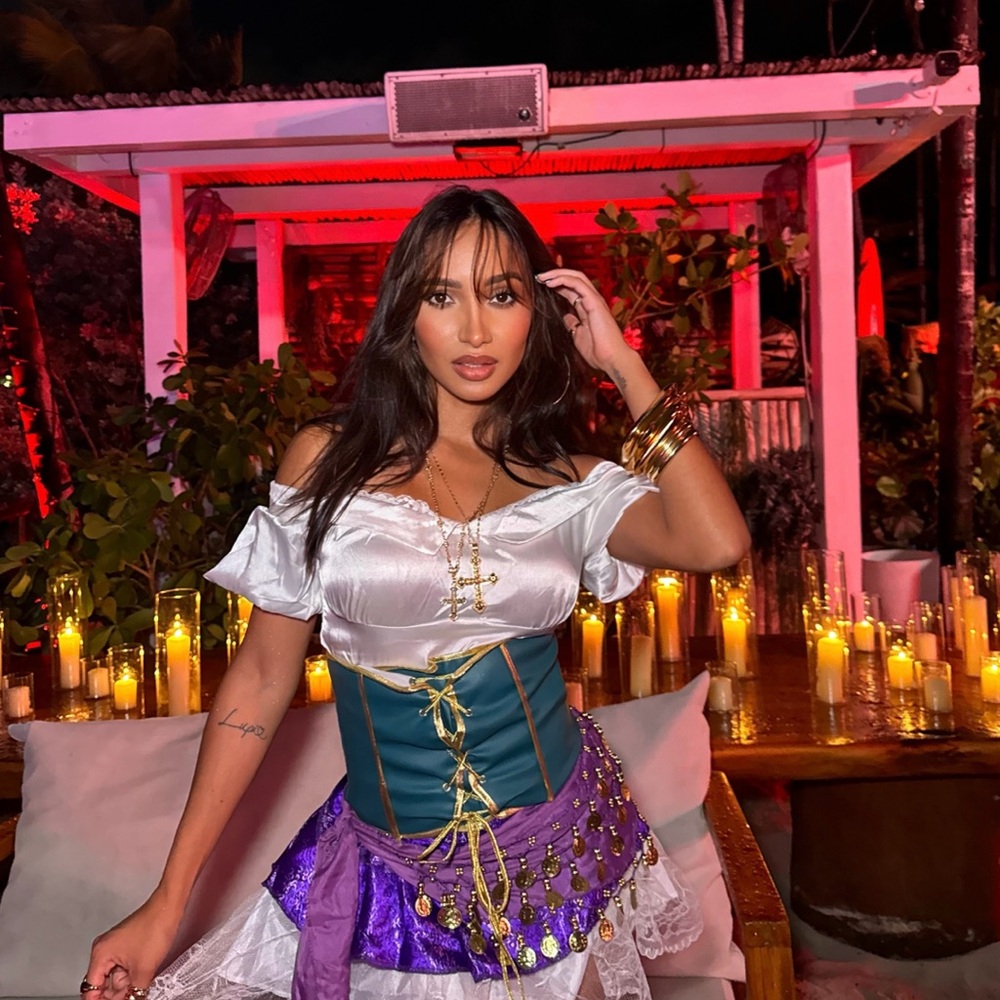 Fashion Nova White and Purple Off-Shoulder Dress COSTUME